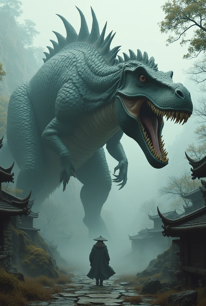 Generate a terrifyingly realistic dinosaur with features reflecting ancient Chinese terrain and folklore, detailed and eerie."