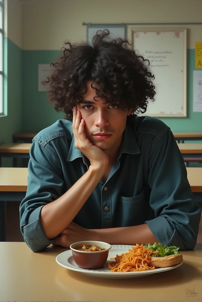 John, Brazilian curly-haired realist scholar, Bahian, emo, eating school lunch