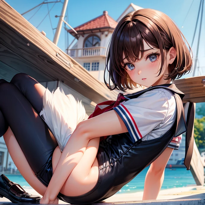 1young_teen_girls、loli、brown_hair、short_ponytail, long_bangs、blue_midriff_baring_sailor_uniform、mini_skirt、short_sleeve、thighthighs、big_tits, sleepy, Sorrisos、open_mouth、dynamic_pose, childlike_posing ,harbor,dock_background、spread_legs、happiness、NSFW、short_gloves, (wet:1.4),transparent,covered_nipples, covered_crotch, under_tits, sweat, bare_thighs, (groin:1.5),