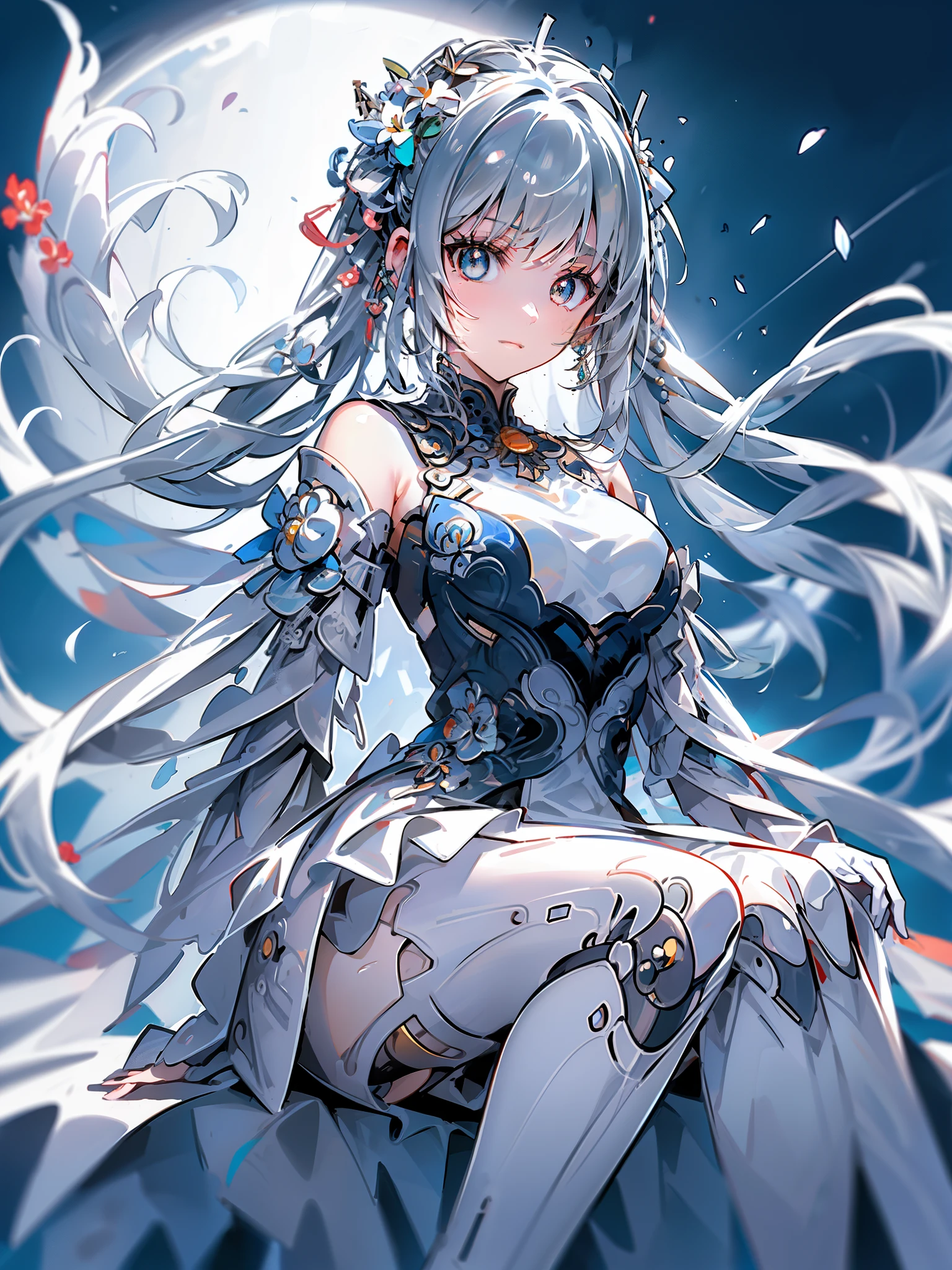 Best quality at best,highly detailed,tmasterpiece,ultra - detailed,solo,(1girl),(Elaborate Eyes),(white backgrounid:1.3),lily_\(florals\),sabias_lily,bionde_hair,ahoge,green_eyes,white_gloves,lacepantyhose,hair_bow , white dresses, Anime visuals of wariza cute girls, Beautiful Anime High School Girls, anime moe art style