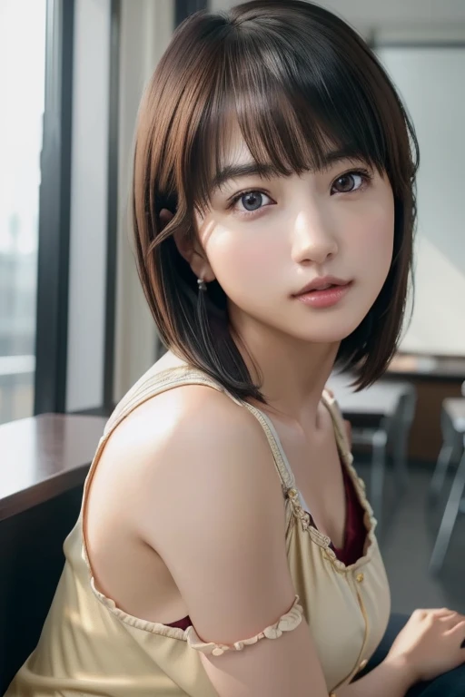 (Representative works:1.3)、(8k、Realistic、RAW Photos、Best image quality:1.4)、(30 year old mature woman)、Small face、Beautiful Face、(Realistic Face)、No makeup、Natural Makeup、light makeup、 (Dark brown、short hair:1.3)、Beautiful hairstyle、Realistic eyes、Beautiful attention to detail、 (Realisticな肌)、Beautiful Skin、 Black Suit、teacher、Bust D cup、 Confused、 charm、超High resolution、Ultra-realistic、 High resolution、Golden Ratio、ff tifa、classroom、A listless look、Frightened、Full body portrait、Sexy pose、Emphasize the chest