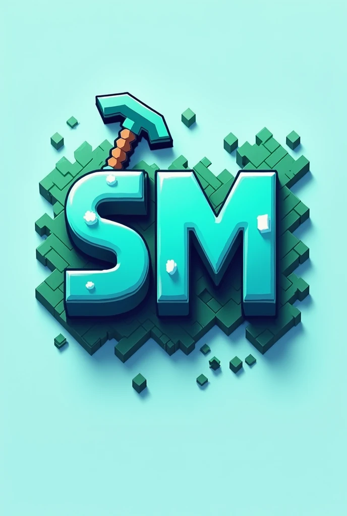 Create a logo for a Minecraft server named 'SM' with a sleek, modern design. The logo should prominently feature the letters 'SM' in bold, blocky Minecraft-style font. The primary color should be a vibrant aqua, with subtle gradients or shading to add depth. Incorporate pixelated or blocky elements to reflect the Minecraft theme, and consider adding a simple, stylized pickaxe or block as a secondary detail. The background should be minimal, ensuring the aqua color and the 'SM' letters stand out clearly.