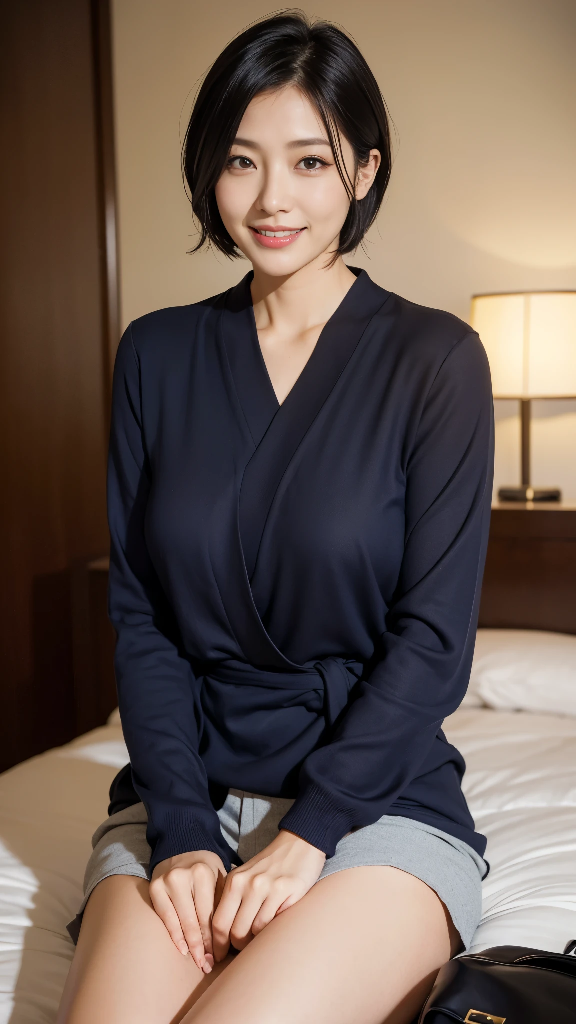Japanese beautiful women, wife, on a bed, black semi long hair, wearing black silk pajama, g cup, half dressed