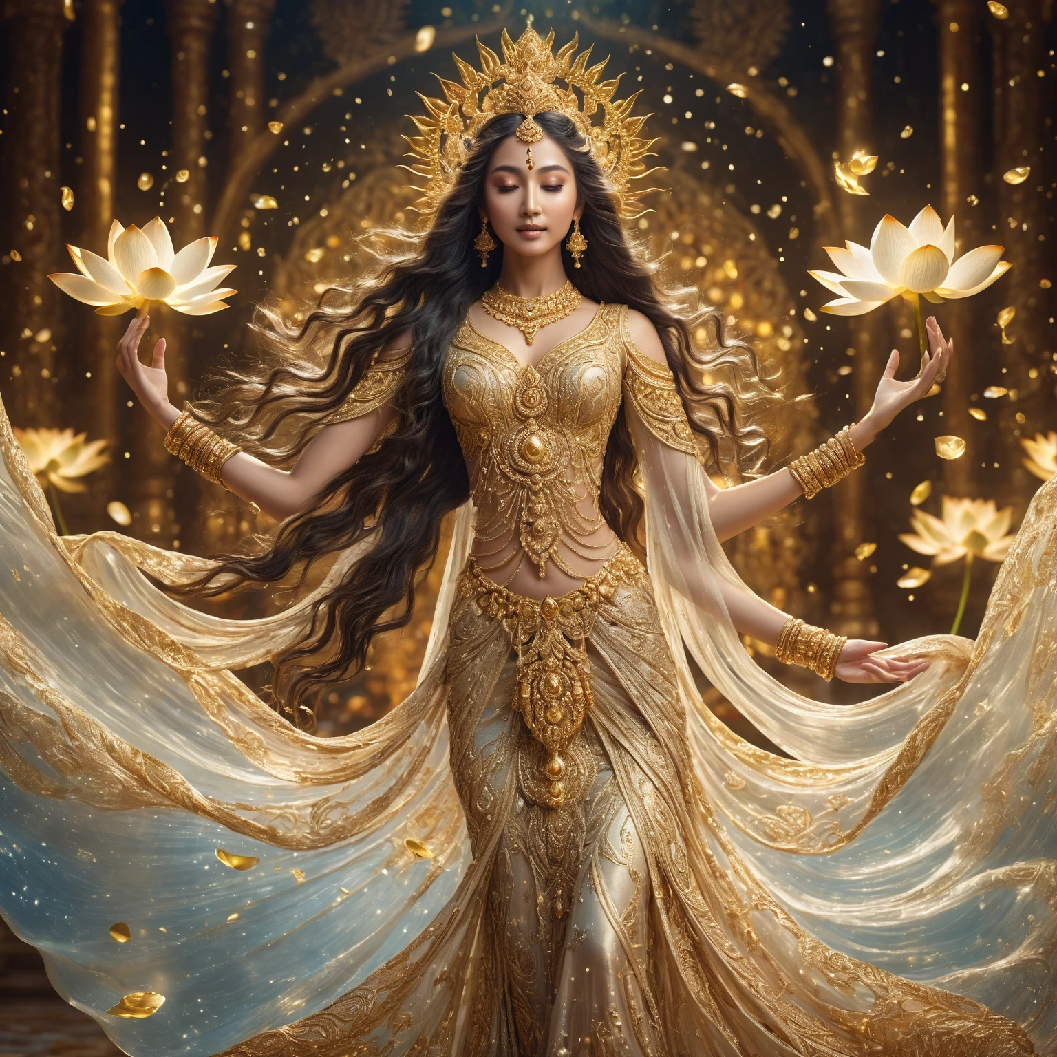 A beautiful goddess standing on a lotus, goddess of prosperity and wealth, intricate detailed ornate golden jewelry, flowing ethereal dress, serene expression, long flowing hair, surrounded by magical glowing particles, dramatic lighting, cinematic composition, fantasy, highly detailed, 8k, photorealistic