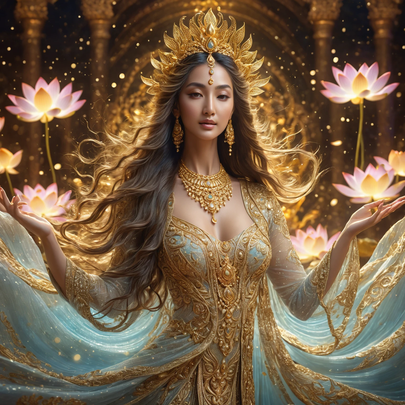 A beautiful goddess standing on a lotus, goddess of prosperity and wealth, intricate detailed ornate golden jewelry, flowing ethereal dress, serene expression, long flowing hair, surrounded by magical glowing particles, dramatic lighting, cinematic composition, fantasy, highly detailed, 8k, photorealistic
