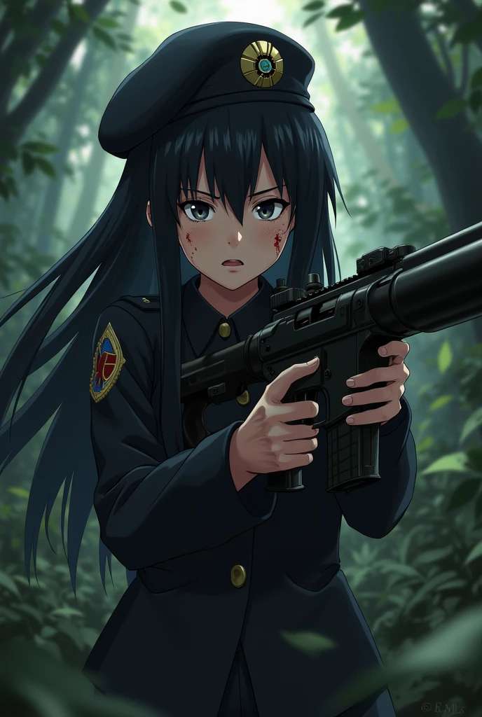 military girl, black hair and blue eyes, anime style, with blood, a sword, with an expression of hatred, surrounded by corpses.