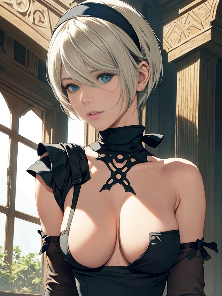 {(masterpiece,best quality, 16K portrait, UHD, extremely detailed the work, detailed beautiful face and eyes and skin and hair)} 
BREAK {(ultra realistic photo graphic style)} 
BREAK {solo,(2B of Nier-Automa:1.4), (lightbrown-lightwhite colored hair:1.4, short cut hair), (medium mouth),(narrow and sharp eyes),(attractive blue-glay eyes:1.4),(left-eye hidden by bangs:1.2),(slender body,small breasts):1.2,captivating lips} 
BREAK {(Nier-Automata-2B costume:1.2),(cleavage between breasts:1.2),(hairband:1)} 
BREAK {(gravure-model pose),(from below)}