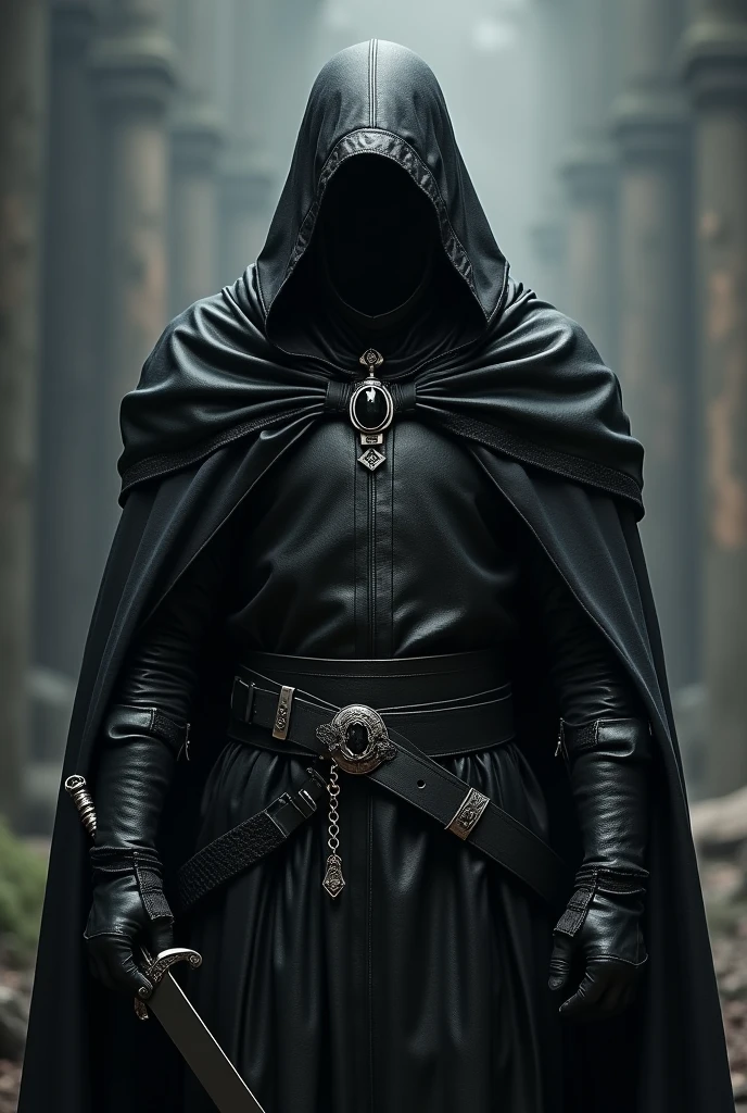 A man dressed in a suit of all-black leather armor, a hood covers his face almost completely, leaving him with a gloomy air, holding a black sword and above the leather garment rests below his neck a silver amulet with an oval pendant and in the center of the pendant a black mystical stone with dark green and dark blue details has the design of a vertical sword with the blade downwards inside the black mystical stone.