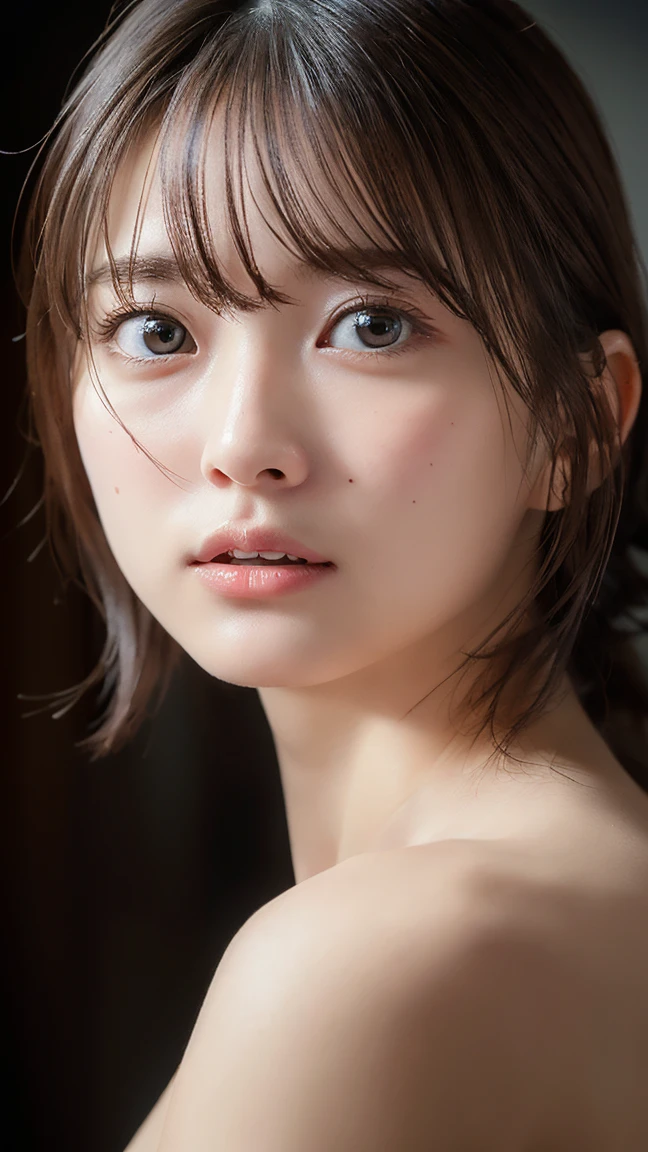 ((masterpiece:1.4, Highest quality)), ((masterpiece, Highest quality)), (Photorealistic:1.4), Professional Lighting, Physically Based Rendering, very cute, Big eyes, Highly detailed eyes and face, Beautiful eyes in every detail, (Beautiful Japanese Girl:1.3), Face Focus,bangs, upper body shot, NUDE