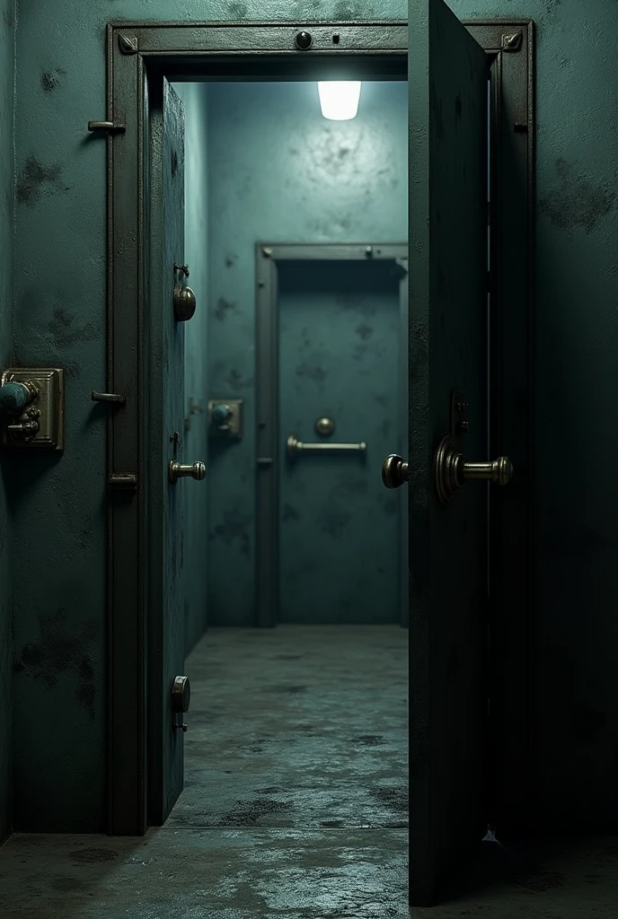 (photorealism:1.2) .A chilling gas chamber with its heavy doors slightly ajar, representing the mass extermination during the Holocaust