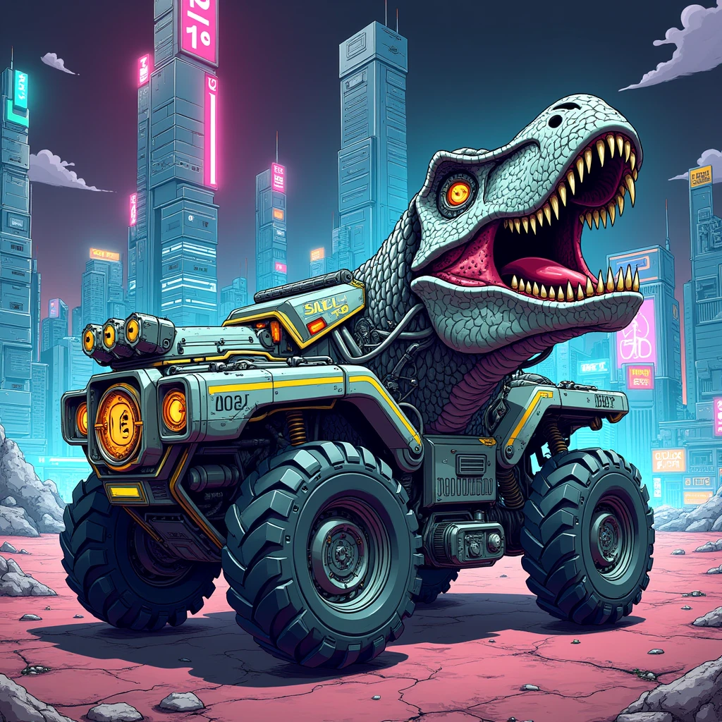 “Create an ultra-detailed, futuristic manga-style illustration of a T-Rex fused with an armored car, blending Japanese manga aesthetics with Niji Journey influences. The T-Rex should have metallic armor plates with glowing neon circuits, merging organic and mechanical elements seamlessly. The vehicle portion should include large, rugged wheels and futuristic weaponry mounted on its back, reflecting a sci-fi vibe. The environment should be a futuristic cityscape with towering skyscrapers and flying vehicles, drawn with intricate details and vibrant colors. The overall style should be in line with Japanese manga, emphasizing dynamic action, bold lines, and a vibrant color palette.”