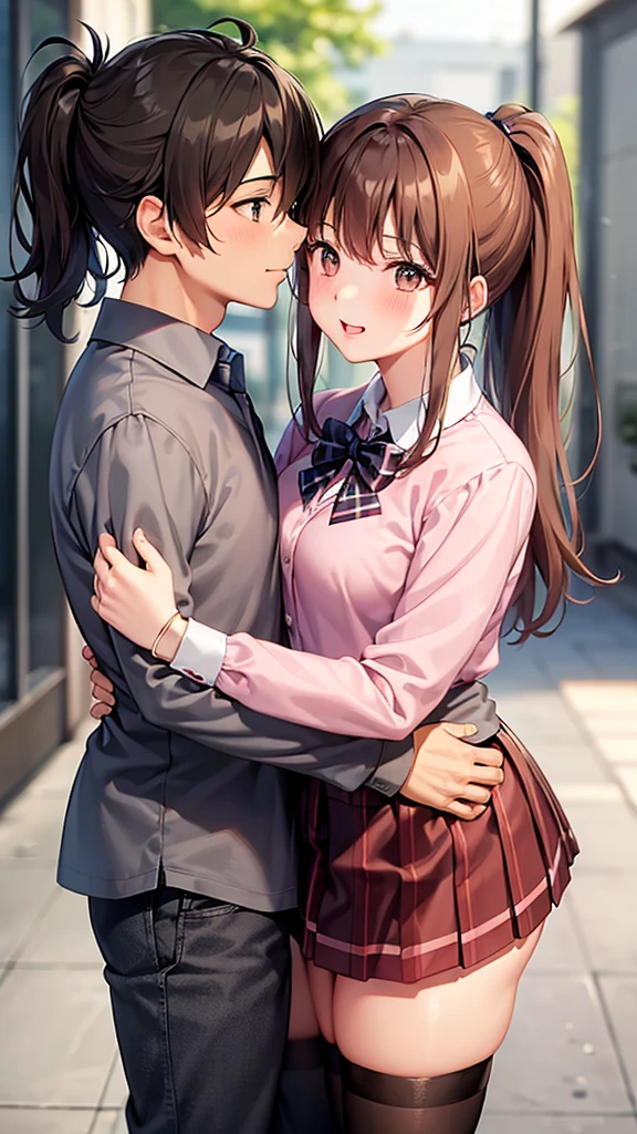 Best Quality,
High school girl and boy couple,
They are hugging each other,
brown hair,
brown eyes,
ponytail,
School uniform,
Pink Collared shirt,
Black checkered short skirt,
black thigh-high socks,
blurry background,
lips,
forehead,
realistic,
nose,