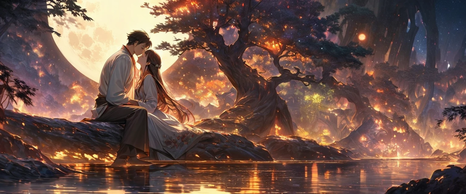 A man and woman sitting on the edge of an ancient fantasy forest, under a full moon in a starry sky, surrounded by glowing trees, they look at each other with deep affection as if talking to their hearts " shoot for paradise" from a tv series. The scene is captured using a high-definition camera, highlighting intricate details such as textures, colors, shadows, highlights, and reflections that create depth and realism in the style of a Chinese artist
