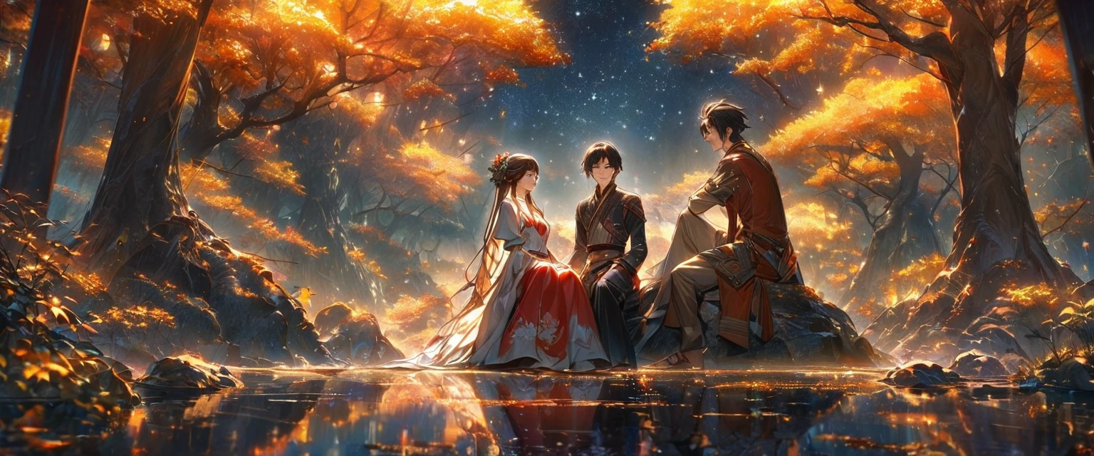 A man and woman sitting on the edge of an ancient fantasy forest, under a full moon in a starry sky, surrounded by glowing trees, they look at each other with deep affection as if talking to their hearts " shoot for paradise" from a tv series. The scene is captured using a high-definition camera, highlighting intricate details such as textures, colors, shadows, highlights, and reflections that create depth and realism in the style of a Chinese artist