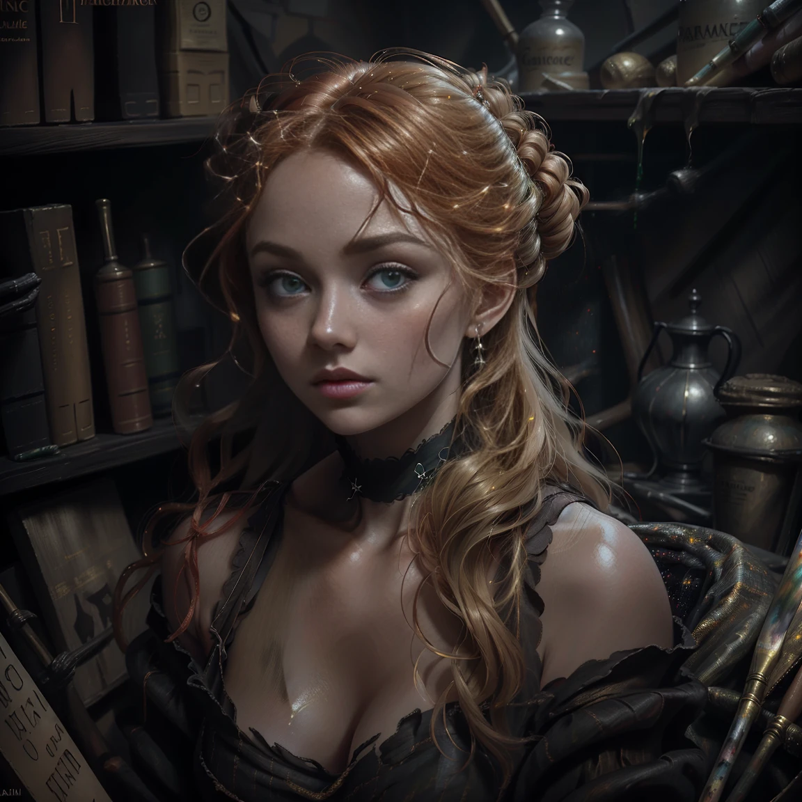 painting of a woman with blonde hair and a choker wearing a black dress, Art style by John Collier, Maiden with short copper-red hair, carol bak style, a young redhead, Collections, Portrait of a young witch, No Bowater art style, portrait of princess merida, David Yes, gloomy palace, Black Lace Bra. bare shoulders, bare stomach, lace choker, raw work of art, of the highest quality, (alone), (perfect face: 1.3), (High detail: 1.2), dramatic, 1 girl, angel, (pale skin), (huge ), light eyebrows, evening, wide neckline, sweating , bright, prominent nipple r, many jewels, head ornaments, green eyes, sensual lips. Detailed background of the palace, cinematic lighting from the side, Detailed and beautiful hair, pale skin, big lips, juicy lips beautiful lips, detailed and beautiful green eyes, round face, young girl, perfect hands, Perfect eyes, perfect face,