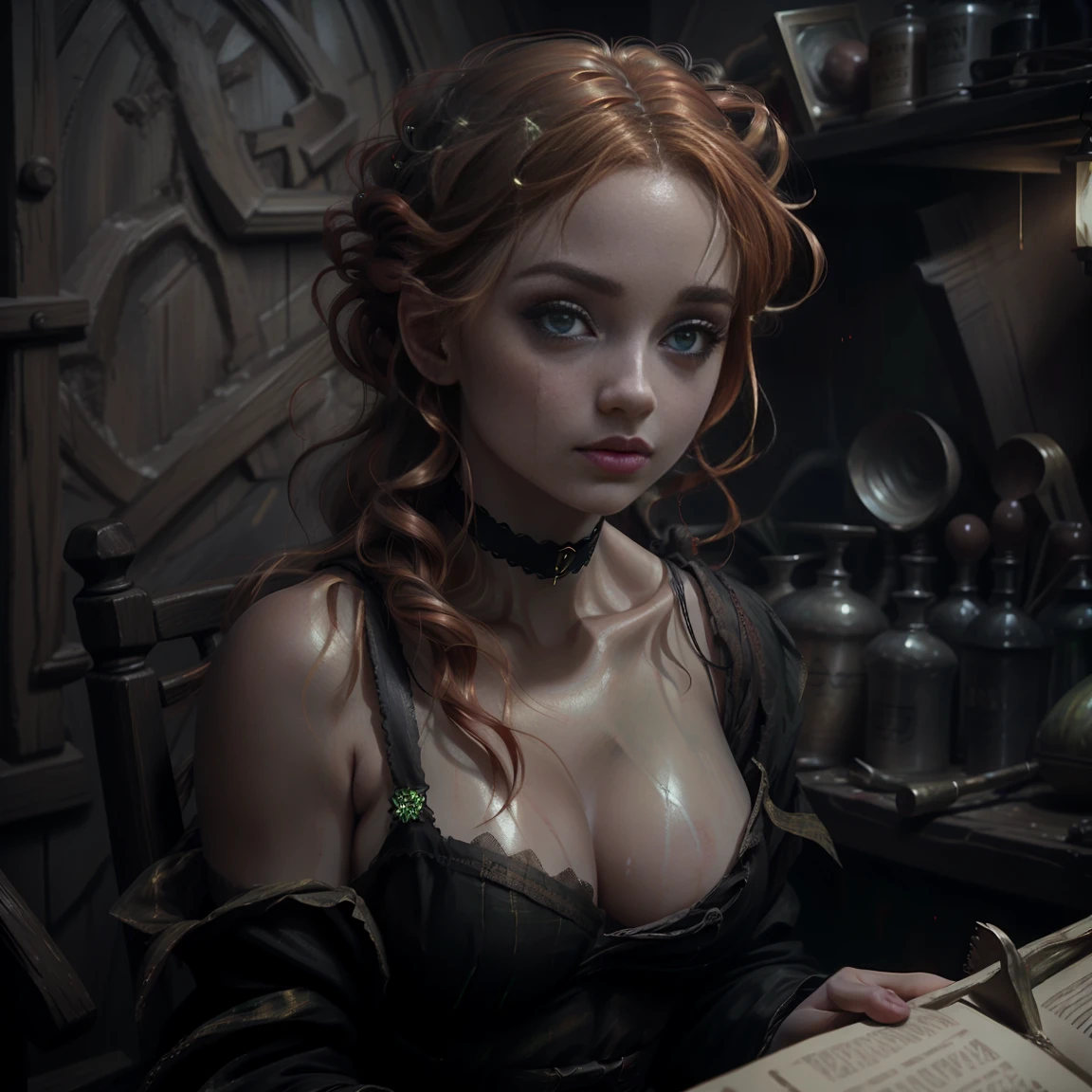 painting of a woman with blonde hair and a choker wearing a black dress, Art style by John Collier, Maiden with short copper-red hair, carol bak style, a young redhead, Collections, Portrait of a young witch, No Bowater art style, portrait of princess merida, David Yes, gloomy palace, Black Lace Bra. bare shoulders, bare stomach, lace choker, raw work of art, of the highest quality, (alone), (perfect face: 1.3), (High detail: 1.2), dramatic, 1 girl, angel, (pale skin), (huge breasts), light eyebrows, evening, wide neckline, sweating , bright, prominent nipple contour, many jewels, head ornaments, green eyes, sensual lips. Detailed background of the palace, cinematic lighting from the side, Detailed and beautiful hair, pale skin, big lips, juicy lips beautiful lips, detailed and beautiful green eyes, round face, young girl, perfect hands, Perfect eyes, perfect face,