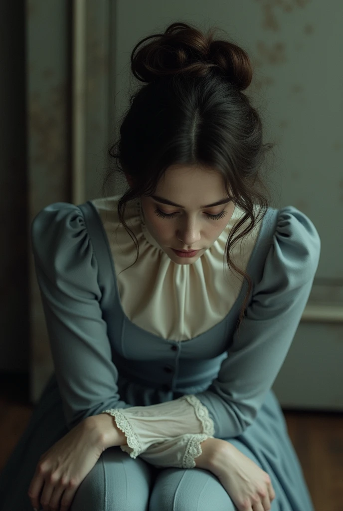 Victorian lady sitting, monotone, over her head view, Sitting with hugging her knees, zoom