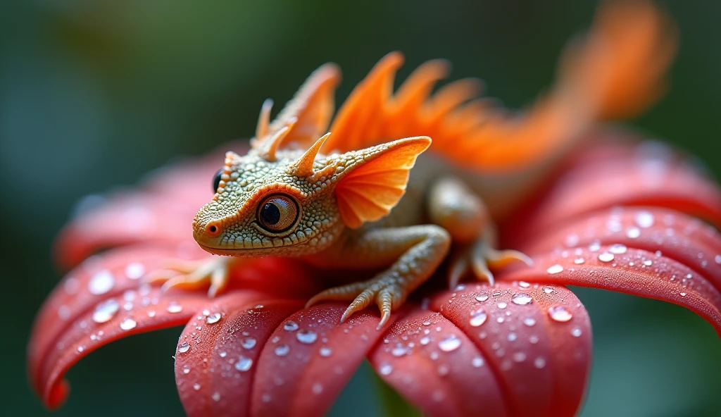 (small fantasy baby dragon resting on a dew-covered petal), ((Miki Asai style macro photography)), hyper-detailed dragon scales within a sharp frame, artstation trends, sharp focus on the dragon's eyes, (ambient photo studio), captured in the fantasy essence of Greg Rutkowski, Natural light, Ultra-fine, dramatic lighting