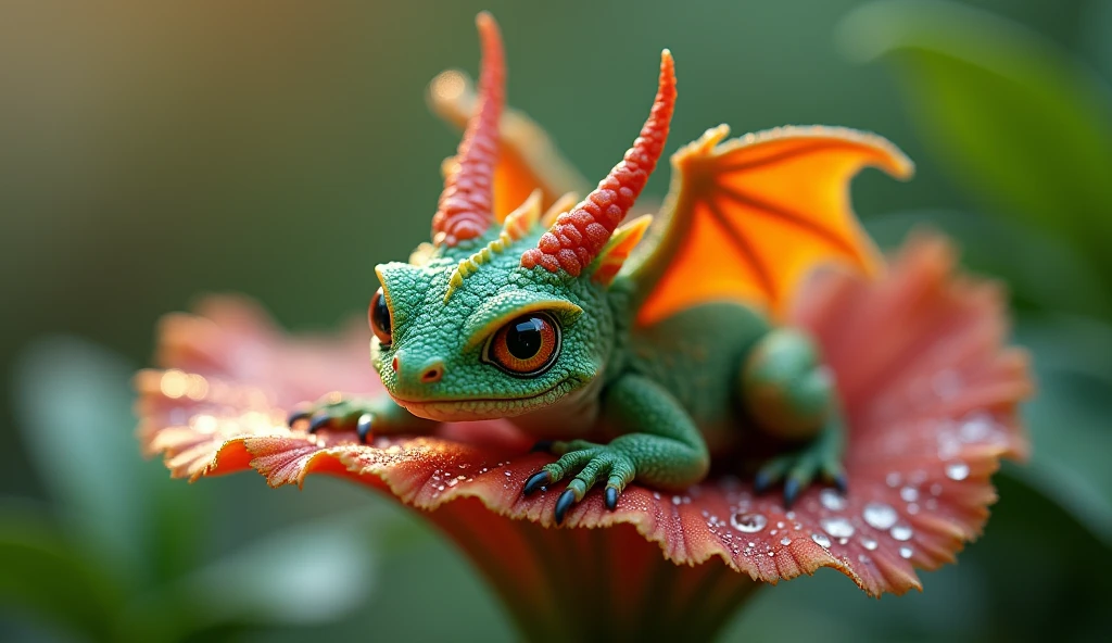 (small fantasy baby dragon resting on a dew-covered petal), ((Miki Asai style macro photography)), hyper-detailed dragon scales within a sharp frame, artstation trends, sharp focus on the dragon's eyes, (ambient photo studio), captured in the fantasy essence of Greg Rutkowski, Natural light, Ultra-fine, dramatic lighting