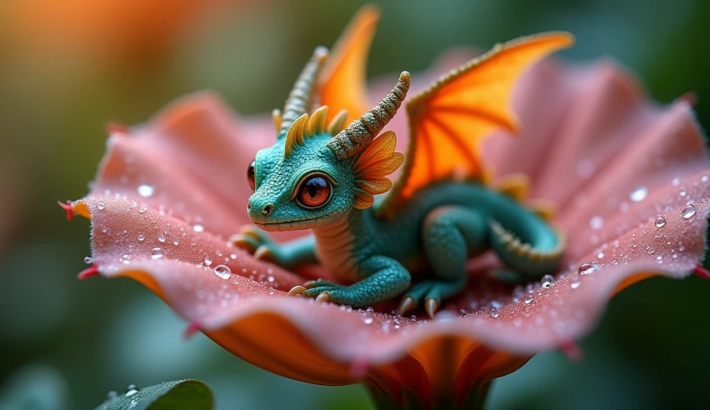 (small fantasy baby dragon resting on a dew-covered petal), ((Miki Asai style macro photography)), hyper-detailed dragon scales within a sharp frame, artstation trends, sharp focus on the dragon's eyes, (ambient photo studio), captured in the fantasy essence of Greg Rutkowski, Natural light, Ultra-fine, dramatic lighting