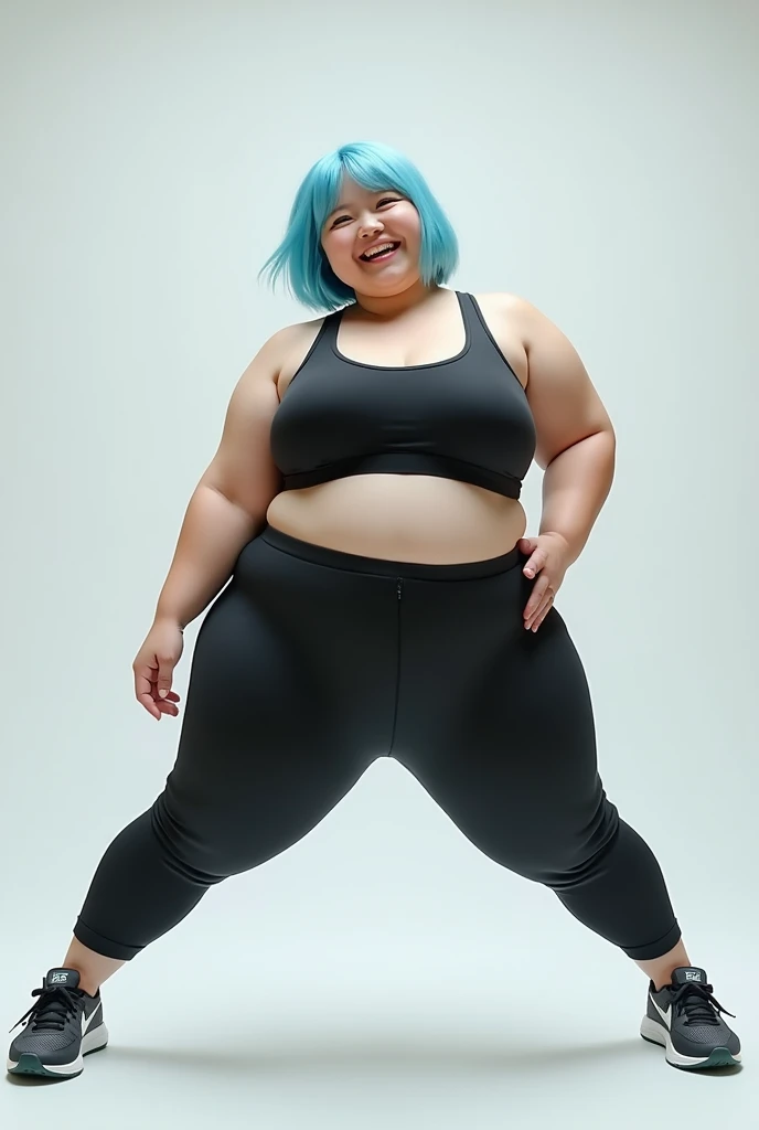 absurdres,, (1girl:1.2), (abs:1.23),huge_breasts、unity Dynamism,forward leaning posture、(Blue hair)、spread legs、she looks away, Loose-fitting clothing、Blurred Background、Sagging breasts、(white background:1.5)、A happy look、Plump body、Sitting、Legs crossed、(black clothes:1.5)、NIKE sneakers、Sneaker commercial、(Close up on sneakers:1.55)、Photorealistic、Japanese、The Beauty of the Japan、Very Short Hair、Boyish Girl、