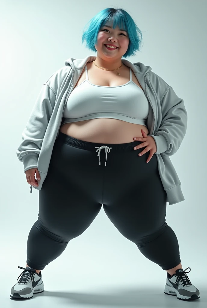 absurdres,, (1girl:1.2), (abs:1.23),huge_breasts、unity Dynamism,forward leaning posture、(Blue hair)、spread legs、she looks away, Loose-fitting clothing、Blurred Background、Sagging breasts、(white background:1.5)、A happy look、Plump body、Sitting、Legs crossed、(black clothes:1.5)、NIKE sneakers、Sneaker commercial、(Close up on sneakers:1.55)、Photorealistic、Japanese、The Beauty of the Japan、Very Short Hair、Boyish Girl、
