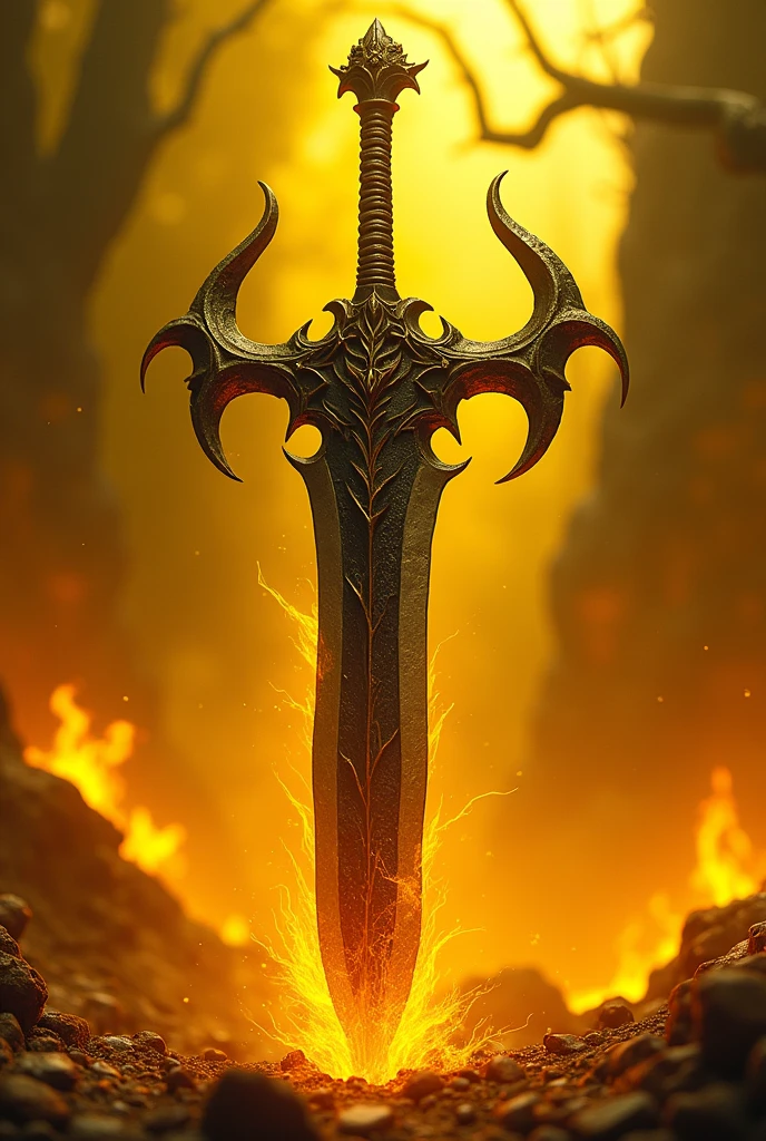 (photorealism:1.2), hell and demon wings sword in middle make unique without figures of human or any skeleton make it evil type Use crown which looks great if the background is yellow which is good for bikes stickers