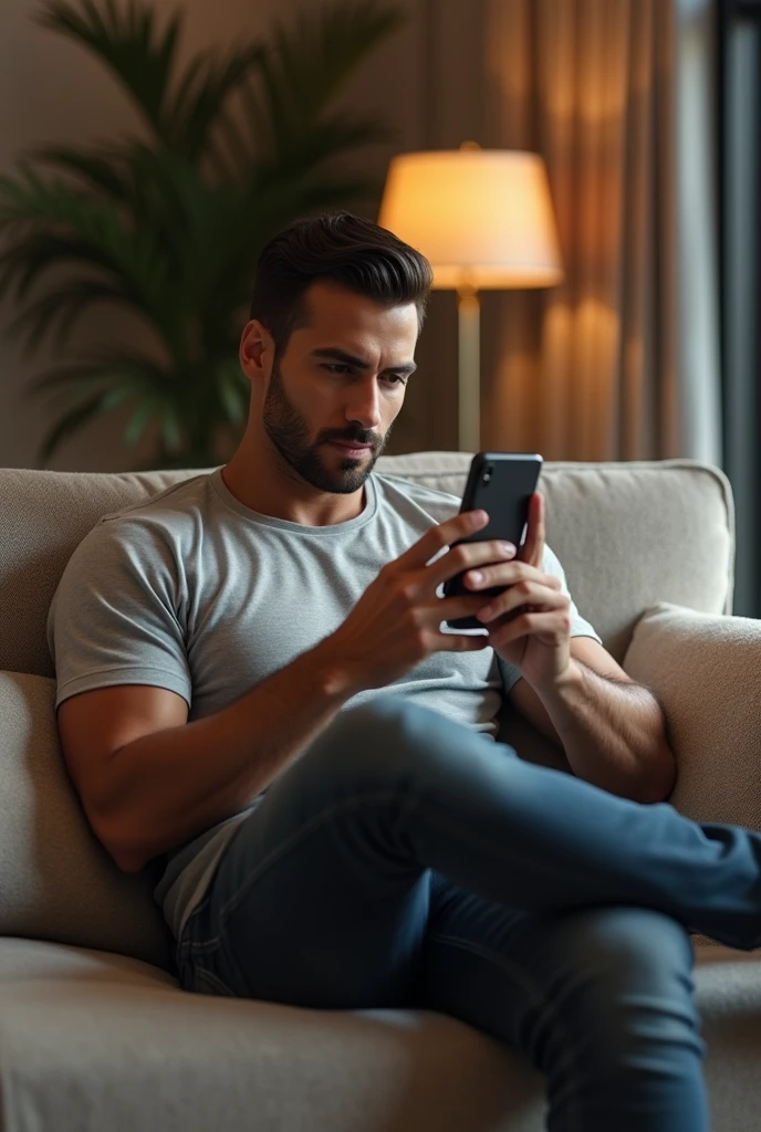 A handsome man sit on the sofa seeing his ipjon