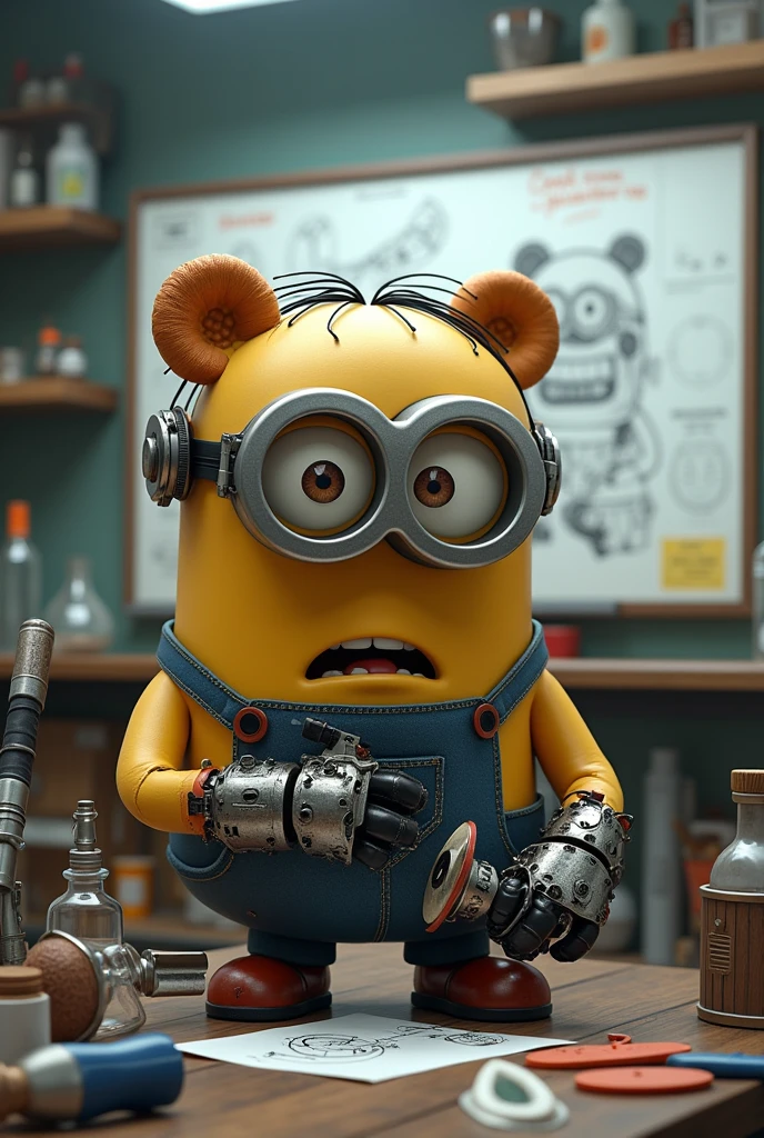 Minion Stuart is working hard at a lab table full of scientific tools and accessories. The whiteboard behind has cybernetic teddy bear design sketches. Stuart is highly focused., hands move quickly, weld and assemble components to build a large cybernetic teddy bear, complicated.