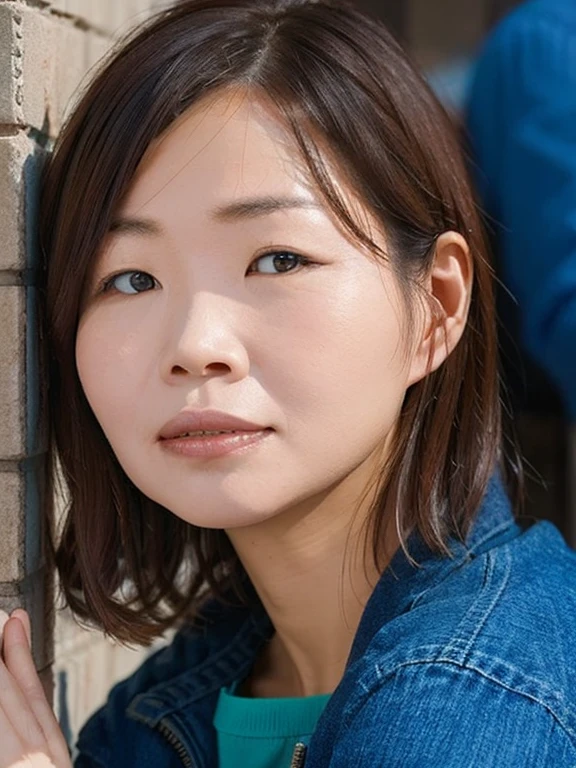 Asian woman in a blue jacket leaning against a wall, Face close-up, Side light,