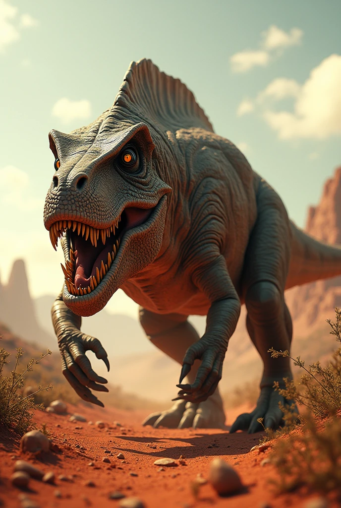 Design a super-realistic, horror-themed dinosaur incorporating elements of the Australian outback, with vivid textures and a fearsome look."