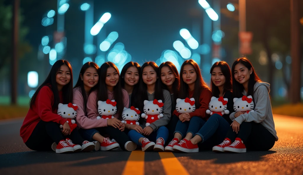 10 beautiful Indonesian women who are a bit fat, loose hair, big nose, wear a hoodie, long pants, wear red sneakers, sit down, all faces facing the front camera, sit down, hand holding a hello kitty doll, in the middle of the road, dark night atmosphere with lots of beautiful lights, ultra details, minim diffect, realistic, 8k quality image