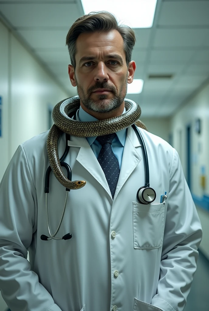 Doctor with apron , snake in neck instead of sthetescope
