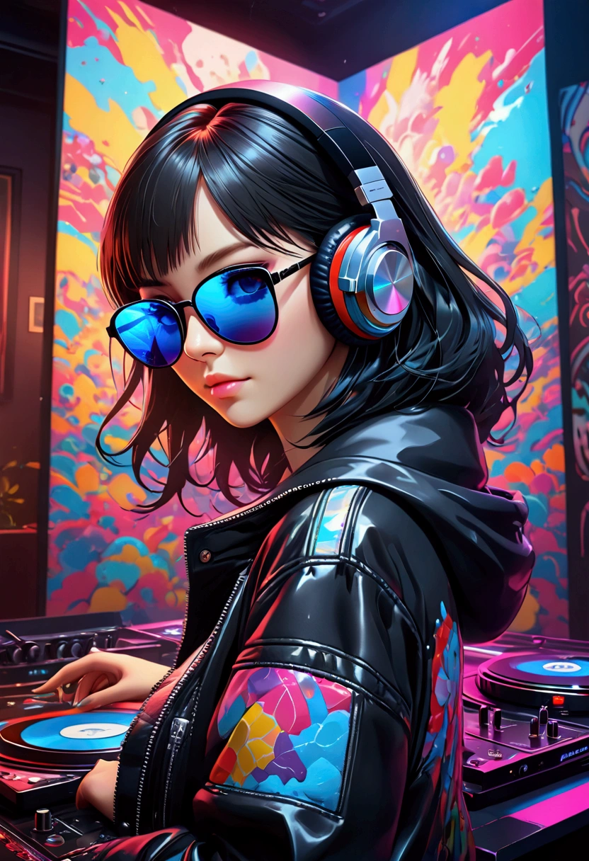A woman playing DJ,sunglasses,headphone,Surrounded by equipment,(((live house))),(((Dazzling Spotlight))),chromatic aberration, depth of field,Black jacket, ((masterpiece, Highest quality, Highly detailed CG, unity 8k wallpaper )),(masterpiece, Highest quality, Highest quality, Official Art, beautiful),Very vivid,High-precision images,Ultra-high resolution,Great art,Poster Art,Impressive photos,Graffiti art
