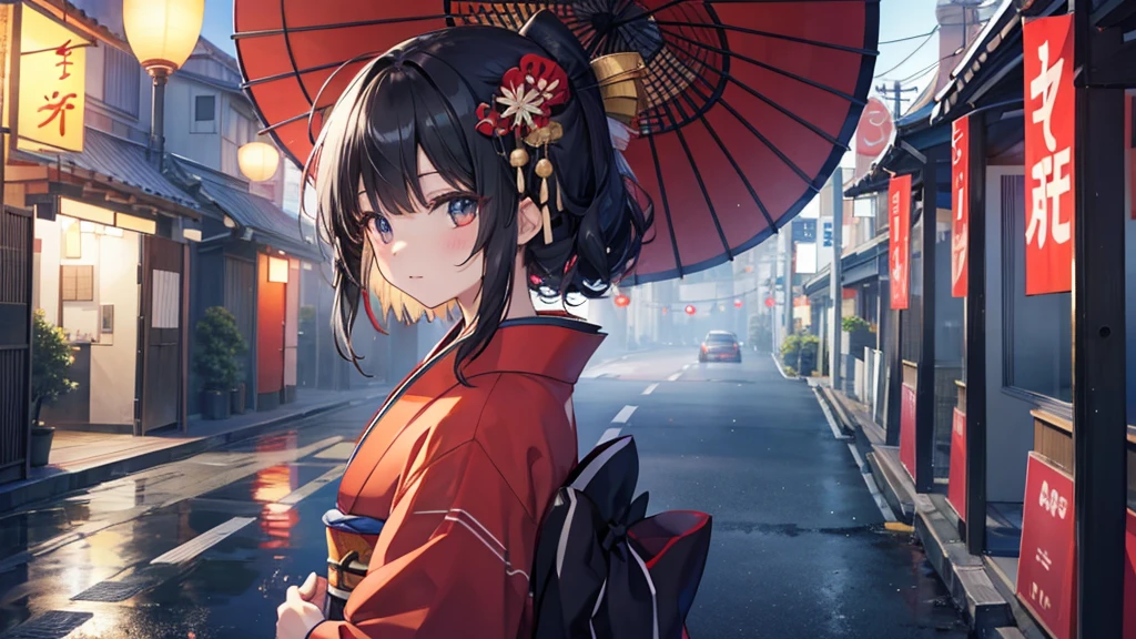 One person, alone, kimono, Black Hair, kimono、Near future city、
