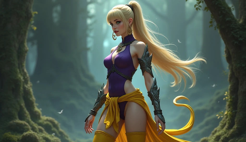 Goddess Diana, long ponytail, bang hair, blonde, green eyes, slanted eyes, slanted eyebrows, muscular, tall, pale skin, purple leotard, yellow sarashi, brown tabi, ninja knee high, brown ninja gloves, silver feather arm guards, bare shoulders, bare thigh legs, thigh high thick yellow socks, crescent moon black ninja headband, hoop earrings, monkey tail 