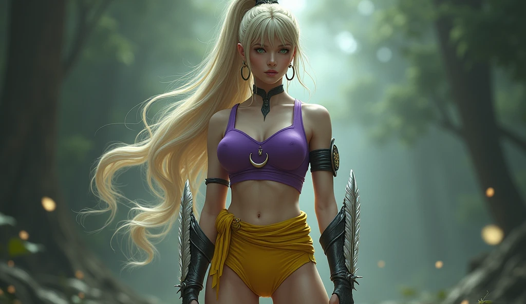 Goddess Diana, long ponytail, bang hair, blonde, green eyes, slanted eyes, slanted eyebrows, muscular, tall, pale skin, purple leotard, yellow sarashi, brown tabi, ninja knee high, brown ninja gloves, silver feather arm guards, bare shoulders, bare thigh legs, thigh high thick yellow socks, crescent moon black ninja headband, hoop earrings, monkey tail
