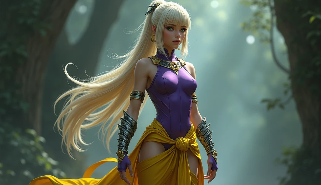 Goddess Diana, long ponytail, bang hair, blonde, green eyes, slanted eyes, slanted eyebrows, muscular, tall, pale skin, purple leotard, yellow sarashi, brown tabi, ninja knee high, brown ninja gloves, silver feather arm guards, bare shoulders, bare thigh legs, thigh high thick yellow socks, crescent moon black ninja headband, hoop earrings, monkey tail