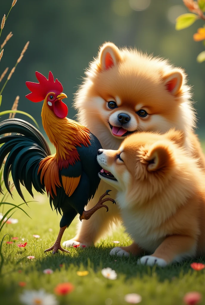 a small bantam rooster fighting with a POMERANIAN dog,  a GOLDEN RETRIEVER dog sleeping