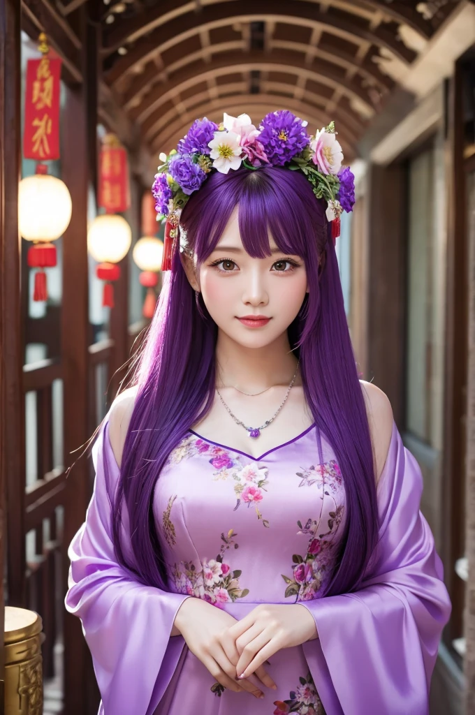 Purple hair, long hair, beautiful woman, Chinese dress, flower on head, necklace