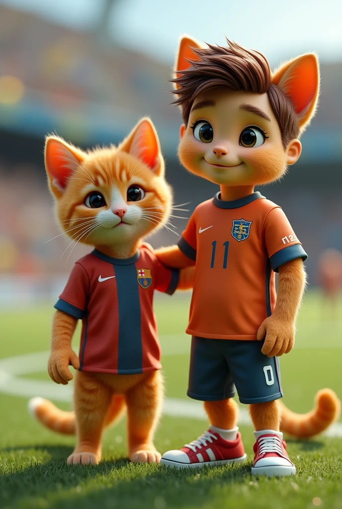 An orange kitten, standing on two legs like a human, posing for a photo with Lionel Messi. The kitten is dressed in a small jersey similar to Messi's, and both are smiling towards the camera. The scene is realistic, with the kitten's fur and Messi's features rendered in ultra-high detail, 4k and 8k resolution. Messi is in a casual outfit, and the background features a bright, outdoor setting, perhaps on a soccer field, capturing the fun and playful moment."
