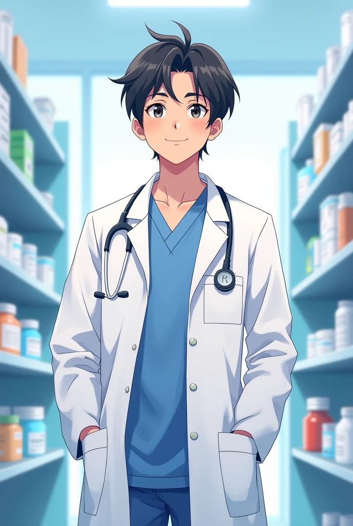Request a picture of a male pharmacist, anime, middle-parted hair, age, good-looking celebrity.