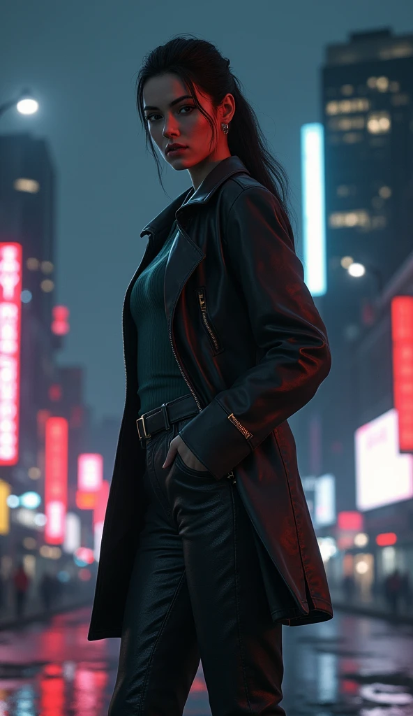 Female protagonist from GTA V, standing proud, dark city background, dynamic pose, 4k quality, very detailed, bokeh