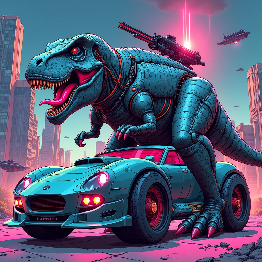 “Create an ultra-detailed, futuristic manga-style illustration of a T-Rex fused with an armored car, blending Japanese manga aesthetics with Niji Journey influences. The T-Rex should have metallic armor plates with glowing neon circuits, merging organic and mechanical elements seamlessly. The vehicle portion should include large, rugged wheels and futuristic weaponry mounted on its back, reflecting a sci-fi vibe. The environment should be a futuristic cityscape with towering skyscrapers and flying vehicles, drawn with intricate details and vibrant colors. The overall style should be in line with Japanese manga, emphasizing dynamic action, bold lines, and a vibrant color palette.”
