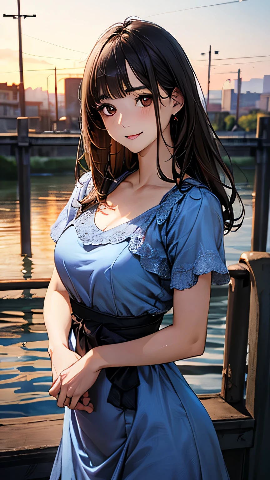 (masterpiece:1.2, Highest quality), (Realistic, photoRealistic:1.4), Beautiful illustrations, (Natural Side Lighting, Cinema Lighting), View your audience, Cowboy Shot, Front view:0.6, 1 person, Japanese, Junior high school girl, , Perfect Face, cute and symmetrical face, Glowing Skin, (Upper Body), (Long Hair, Bobcut, Black Hair), Blunt bangs, Dark brown eyes, Long eyelashes, Beautiful Hair, Beautiful Face, Beautiful attention to detail, Beautiful clavicle, Beautiful body, Beautiful thighs, Beautiful legs, Beautiful fingers, ((Blue dress)), (Beautiful views), evening, River side, Are standing, (cute, cute smile, Upward glance, Mouth open),((Large Breasts))