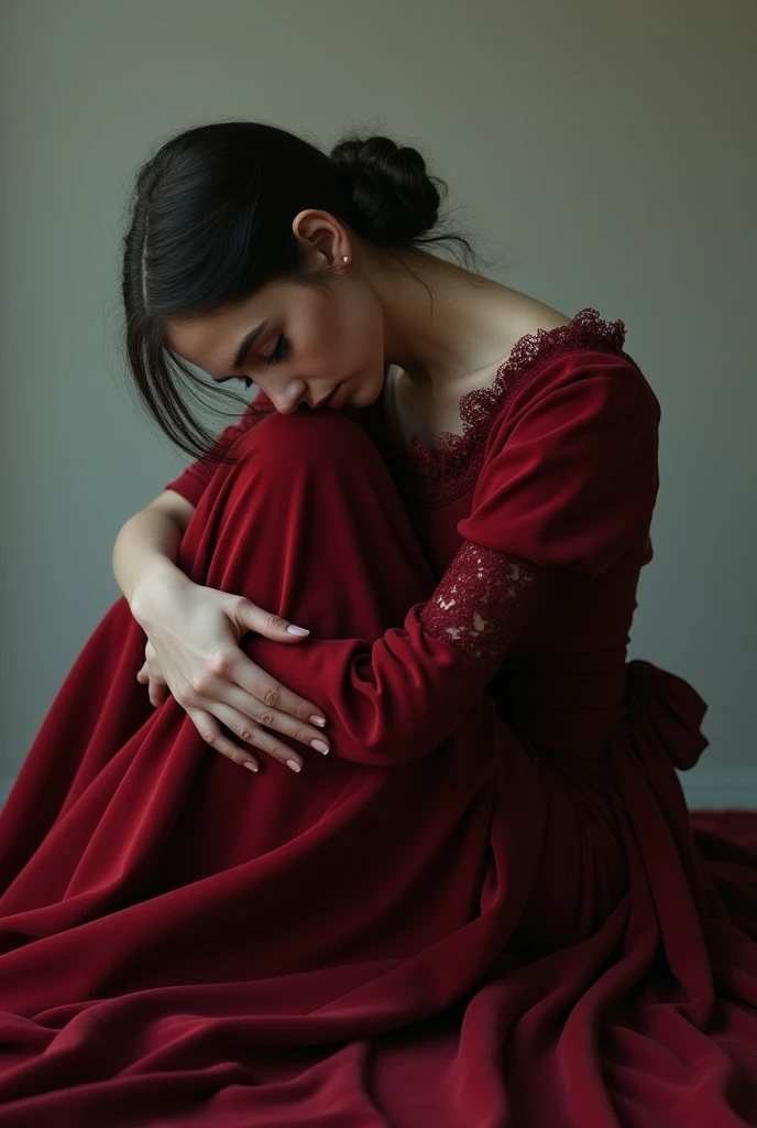Victorian lady sitting, monotone, over her head view, Sitting with hugging her knees, zoom, wearing red dress