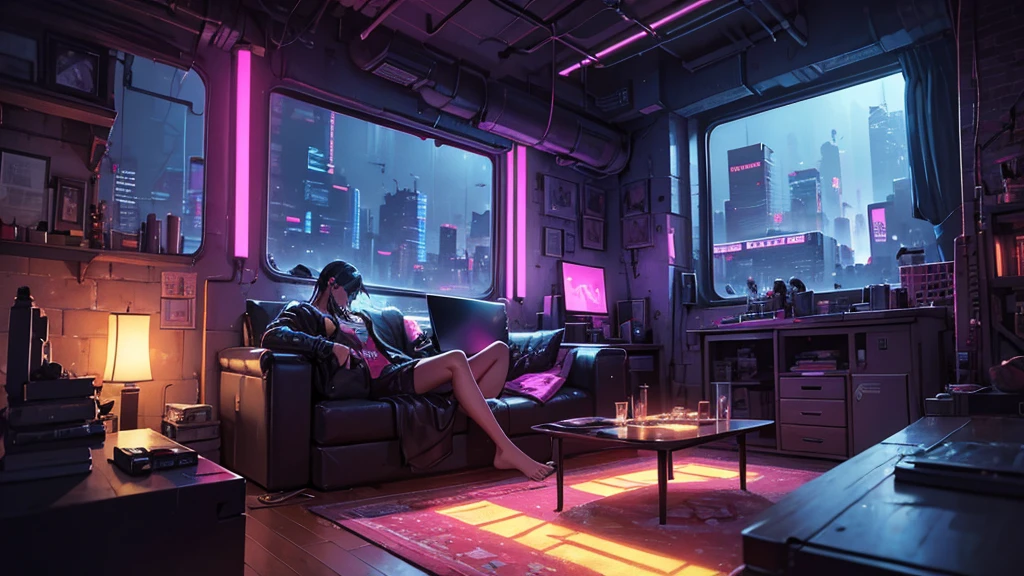 there is a man sitting on a couch in a living room, the cyberpunk apartment, cyberpunk apartment, cyberpunk bedroom at night, calm night. digital illustration, relaxing concept art, cyberpunk teenager bedroom, stylized urban fantasy artwork, mood painting, inspired by Liam Wong, cyberpunk atmosphere, cyberpunk art style, cozy place, cyberpunk dreamscape, by Alena Aenami