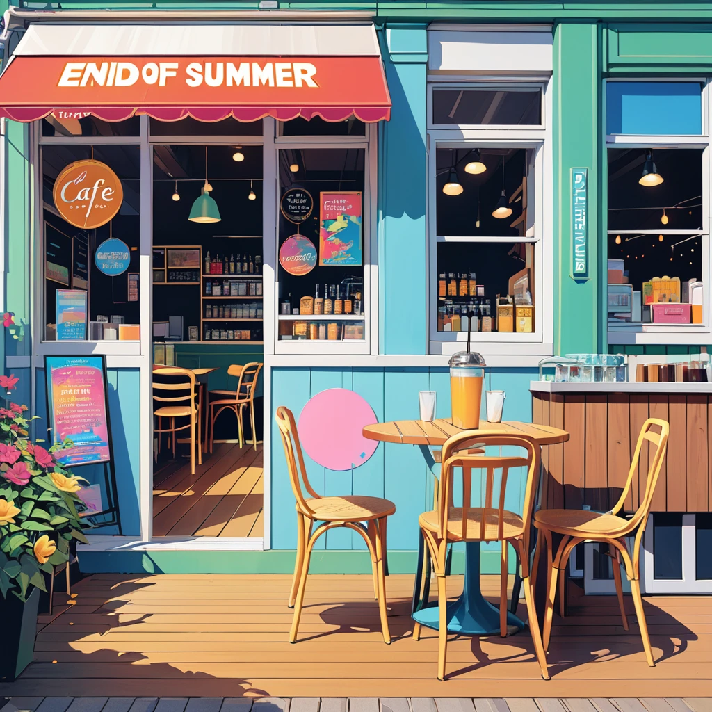 (masterpiece, best quality:1.1),90s record cover art,city-pop,title of the song is "end of summer",end of summer,cafe,wood deck,girl's Profile,seaside, inspired by Hiroshi Nagai cmyk palette,illustration by Hisashi Eguchi,(white outline),