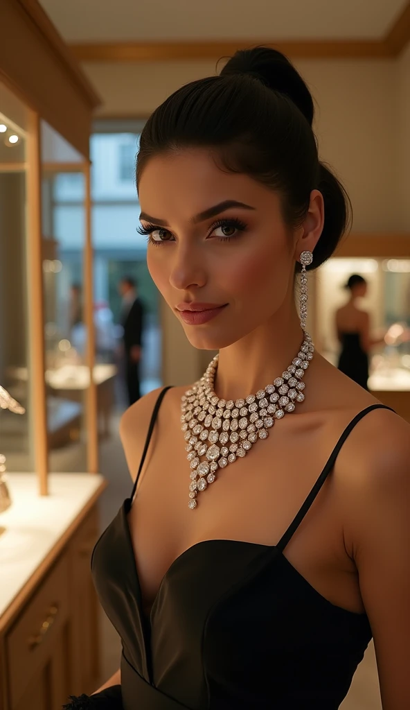 The model stands elegantly in a luxurious jewelry store, her black hair pulled back in a sleek, sophisticated updo. She delicately holds a diamond necklace up to her neckline, with a playful, seductive smile on her lips. Her expression is both alluring and confident. Shoot from a mid-height angle to emphasize the opulent jewelry and the model’s refined, tempting presence.