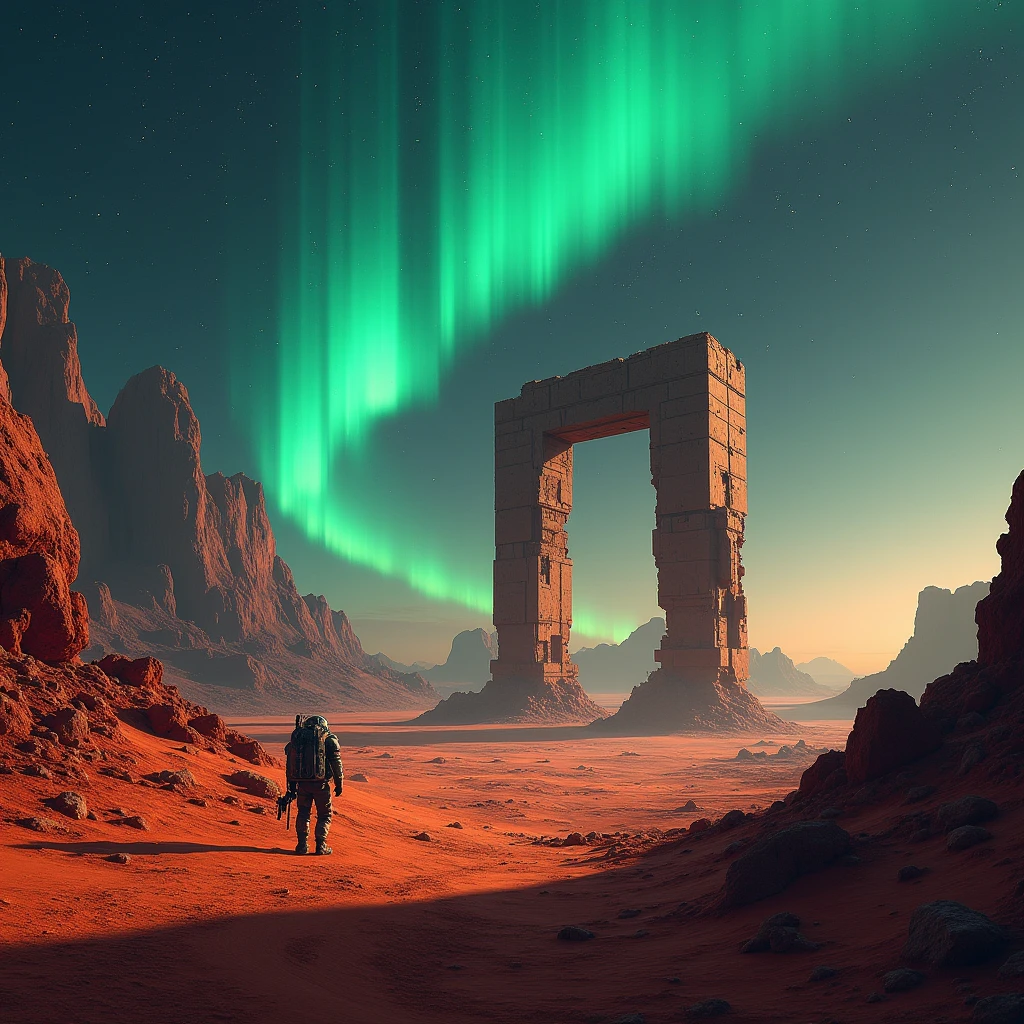 landscape, Northern Lights in the sky, (Mysterious architectural ruins of an advanced alien civilization) On Mars,(Science Fiction概念艺术),(Highest quality detailed illustrations,4K,high resolution,masterpiece:1.2),(红色星球landscape右侧鲜艳色彩:1.1),(Science Fiction),High Dynamic Range,Crumbling structure,The environment is desolate,Infinite horizon,Atmospheric perspective,(Astronaut explorer),Weird atmosphere,(Strange symbols),Unobstructed panoramic views,dusty red sand,surreal atmosphere,Distant starry sky,unforgettably beautiful,(Epic),(Awesome)